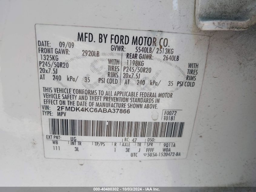 2FMDK4KC6ABA37866 2010 Ford Edge Limited