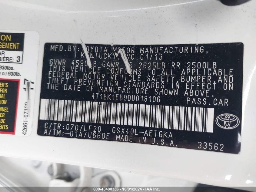 4T1BK1EB9DU018106 2013 Toyota Avalon Xle Premium