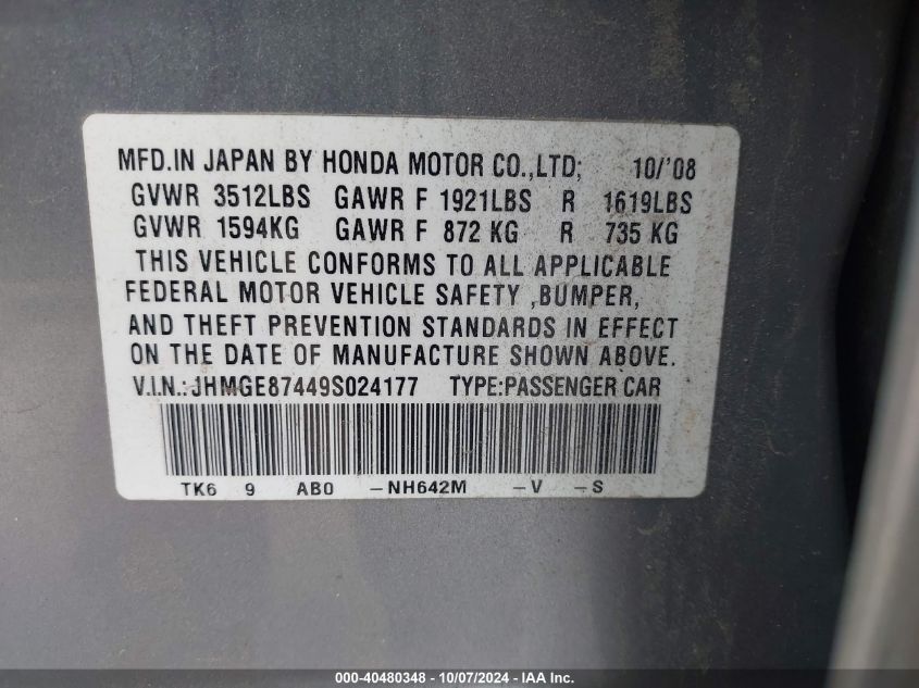 JHMGE87449S024177 2009 Honda Fit Sport