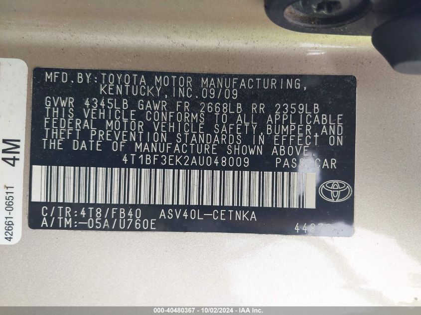 4T1BF3EK2AU048009 2010 Toyota Camry Le