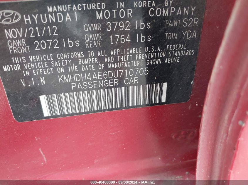 2013 Hyundai Elantra Gls VIN: KMHDH4AE6DU710705 Lot: 40480390