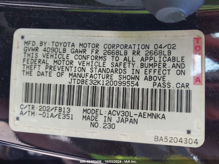 JTDBE32K120099554 2002 Toyota Camry Le