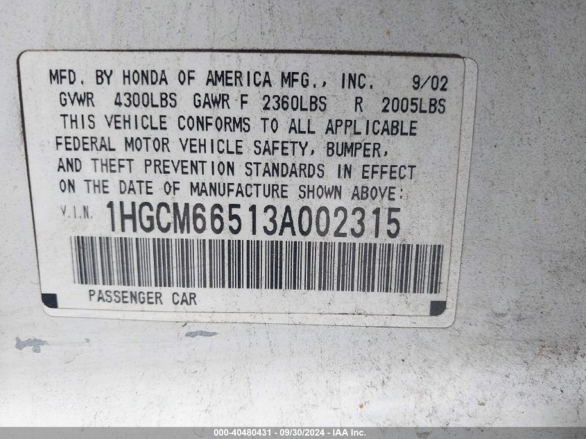 1HGCM66513A002315 2003 Honda Accord 3.0 Ex