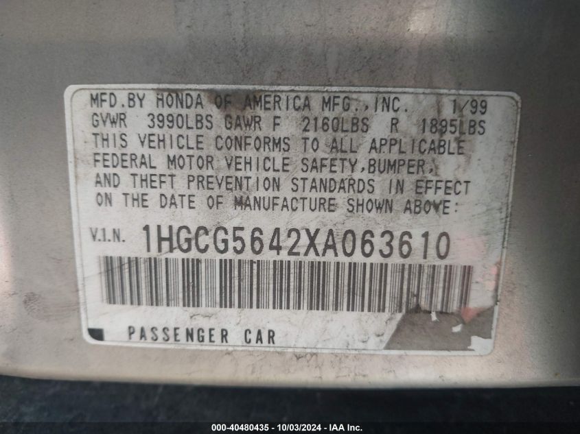 1HGCG5642XA063610 1999 Honda Accord Lx