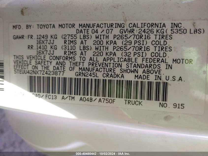 5TEUU42NX7Z423877 2007 Toyota Tacoma Base V6