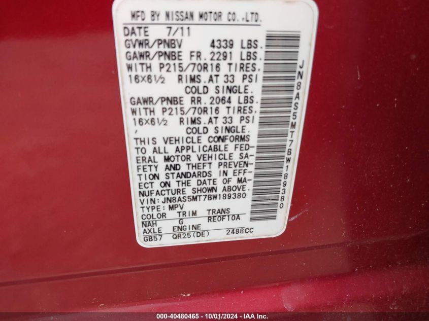 2011 Nissan Rogue S VIN: JN8AS5MT7BW189380 Lot: 40480465