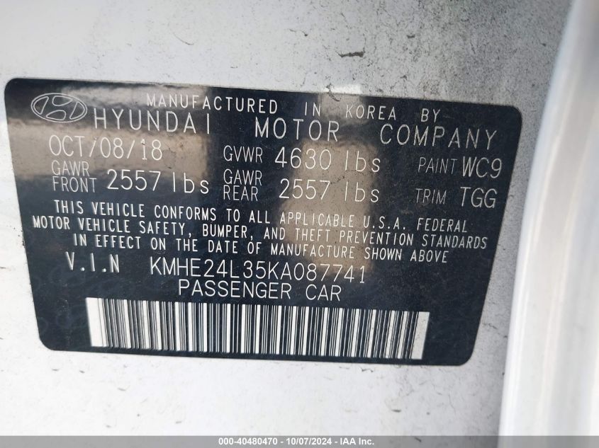 KMHE24L35KA087741 2019 Hyundai Sonata Hybrid Se