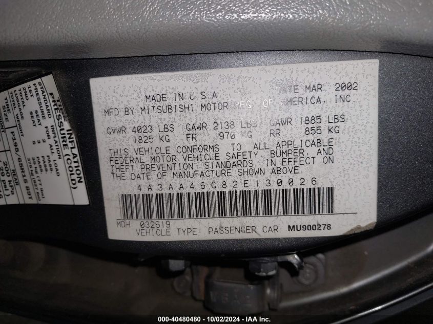 4A3AA46G82E130026 2002 Mitsubishi Galant Es/Ls