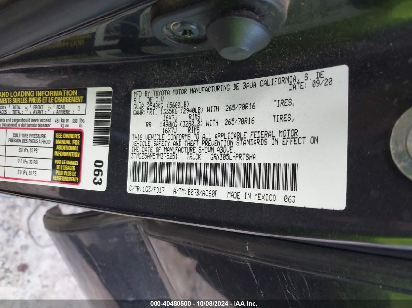 VIN 3TMCZ5AN5MM375251 2021 TOYOTA TACOMA no.9