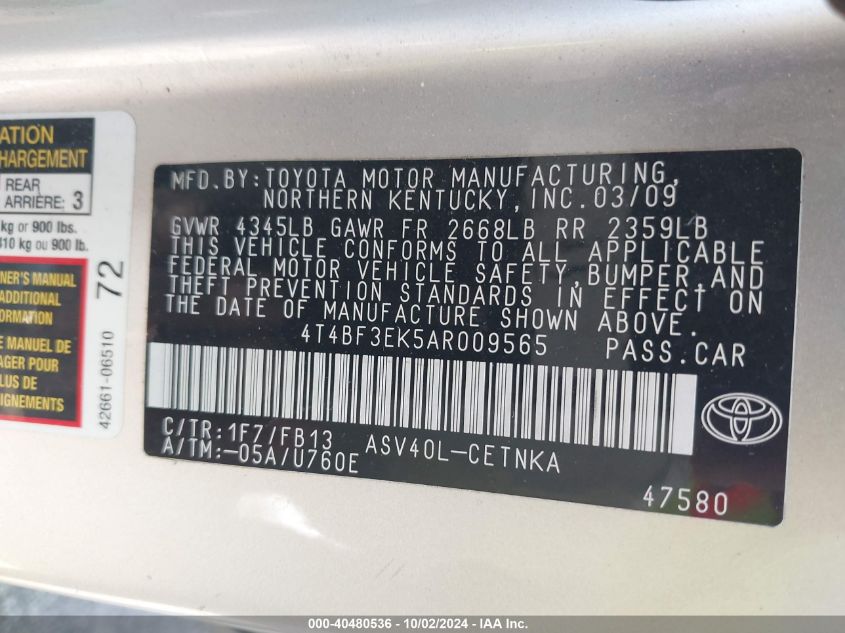 4T4BF3EK5AR009565 2010 Toyota Camry Le