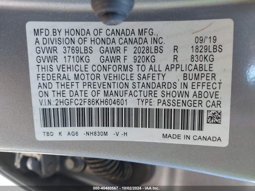 2HGFC2F86KH604601 2019 Honda Civic Sport