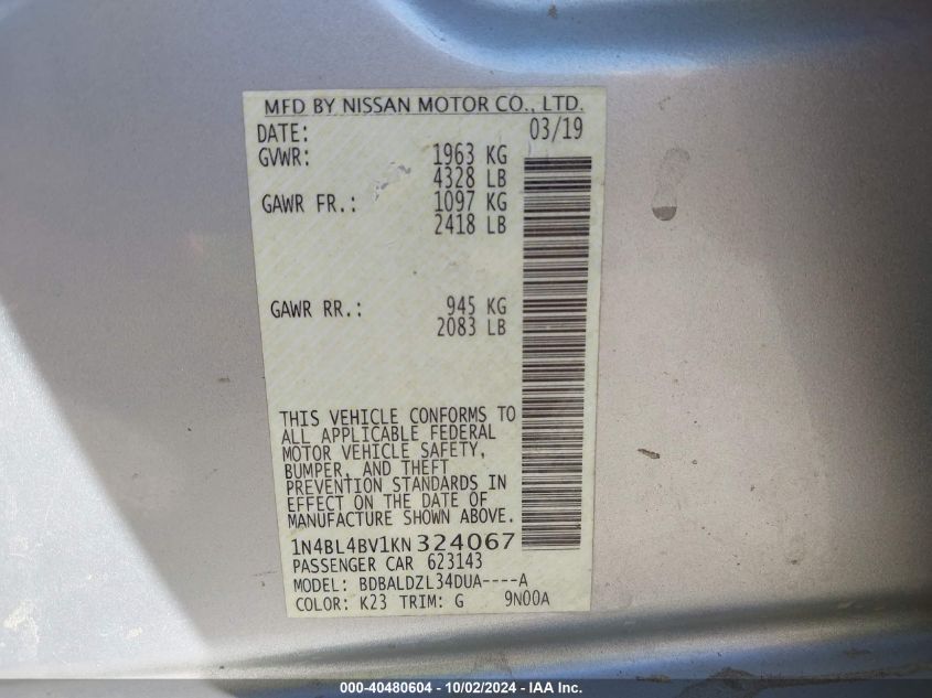 1N4BL4BV1KN324067 2019 Nissan Altima 2.5 S