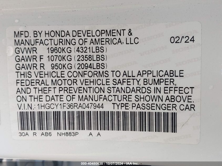 1HGCY1F36RA047944 2024 Honda Accord Ex