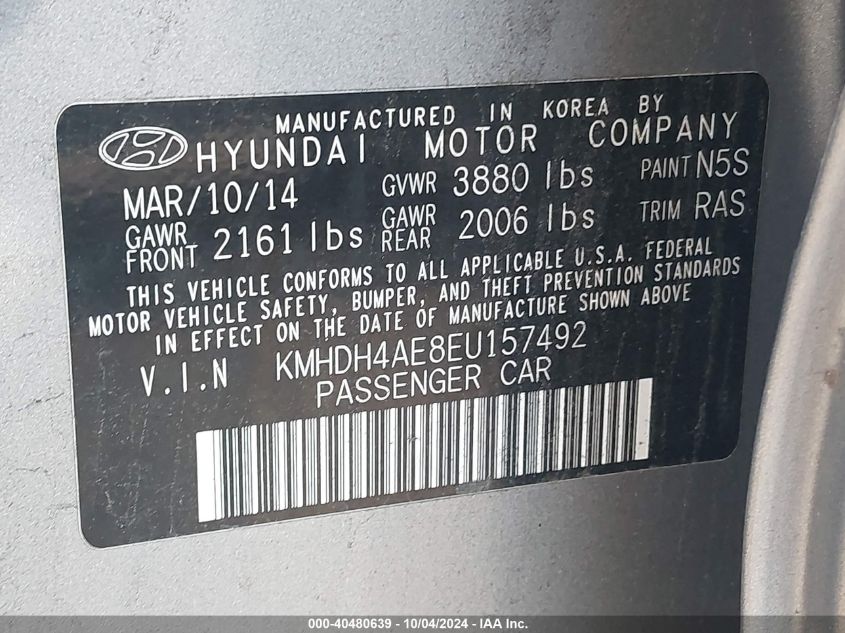 KMHDH4AE8EU157492 2014 Hyundai Elantra Se