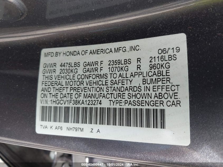 VIN 1HGCV1F38KA123274 2019 HONDA ACCORD no.9