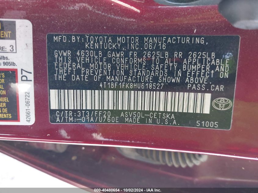 4T1BF1FK8HU618527 2017 Toyota Camry Se