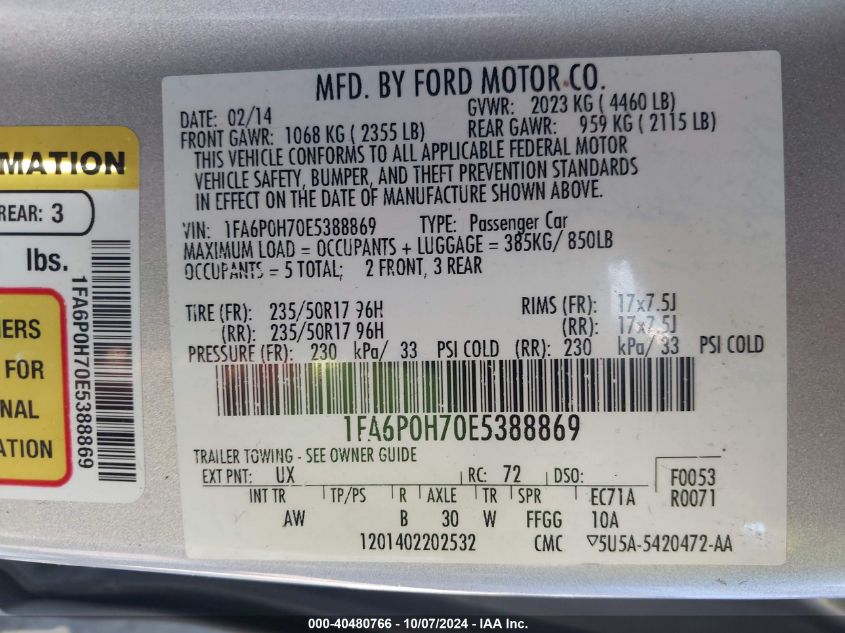 1FA6P0H70E5388869 2014 Ford Fusion Se