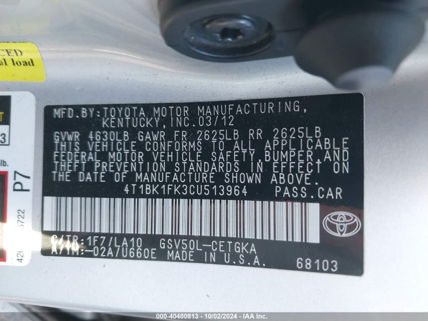 4T1BK1FK3CU513964 2012 Toyota Camry Xle V6