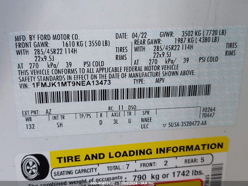 1FMJK1MT9NEA13473 2022 Ford Expedition Platinum Max