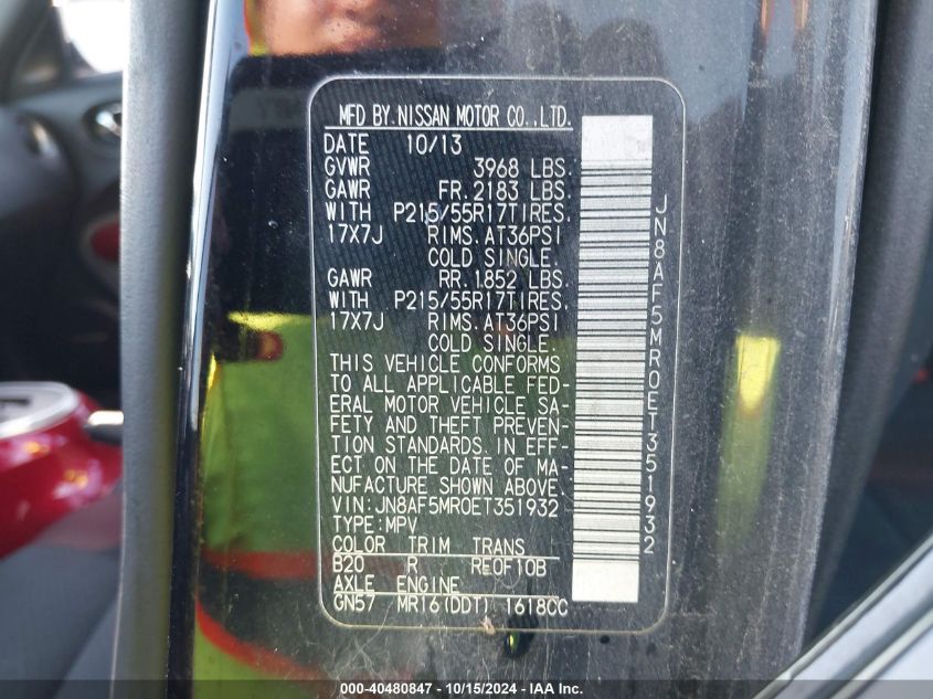 2014 Nissan Juke Sv VIN: JN8AF5MR0ET351932 Lot: 40480847