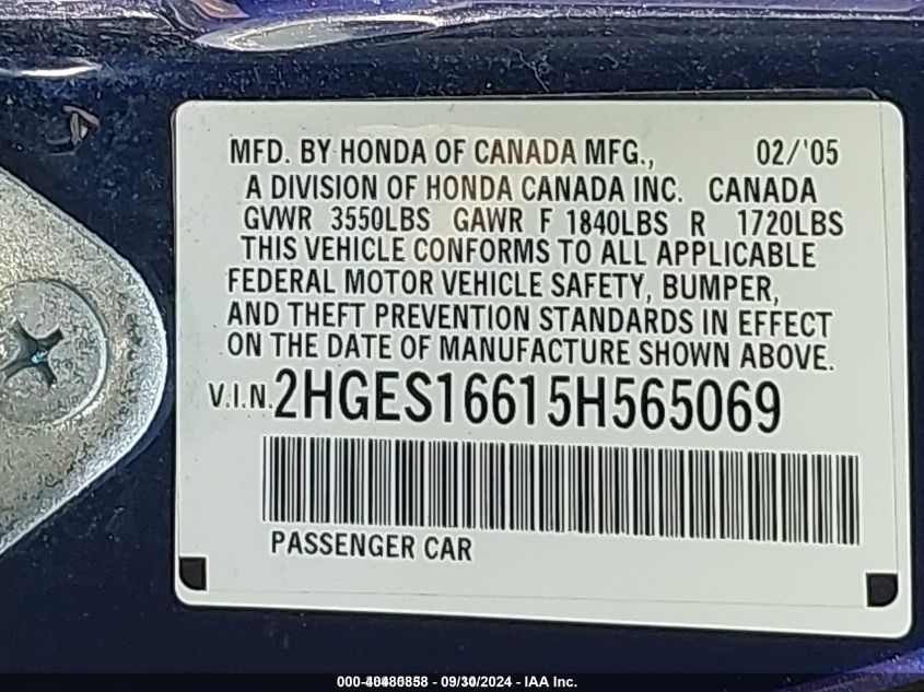 2005 Honda Civic Lx VIN: 2HGES16615H565069 Lot: 40480858