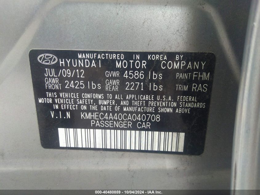 KMHEC4A40CA040708 2012 Hyundai Sonata Hybrid