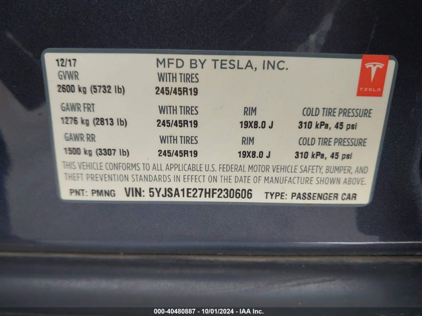 5YJSA1E27HF230606 2017 Tesla Model S 100D/60D/75D/90D/P100D