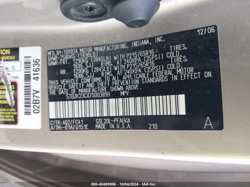 5TDZK23CX7S003899 2007 Toyota Sienna Le