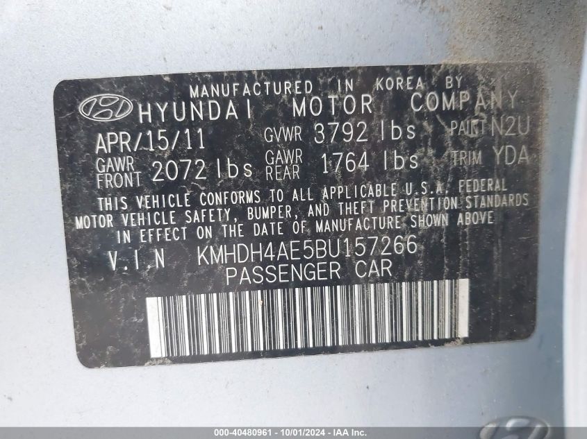 2011 Hyundai Elantra Limited (Ulsan Plant) VIN: KMHDH4AE5BU157266 Lot: 40480961