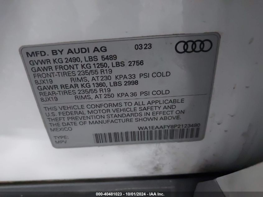 2023 Audi Q5 Premium Plus 45 Tfsi S Line Quattro VIN: WA1EAAFY8P2123480 Lot: 40481023