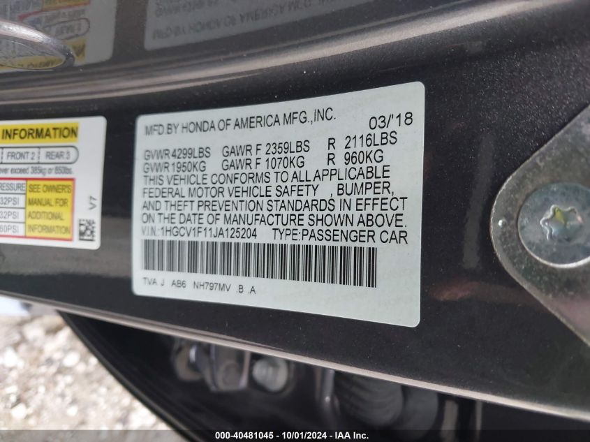 1HGCV1F11JA125204 2018 Honda Accord Lx