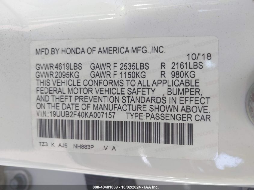 19UUB2F40KA007157 2019 Acura Tlx Tech Pkg