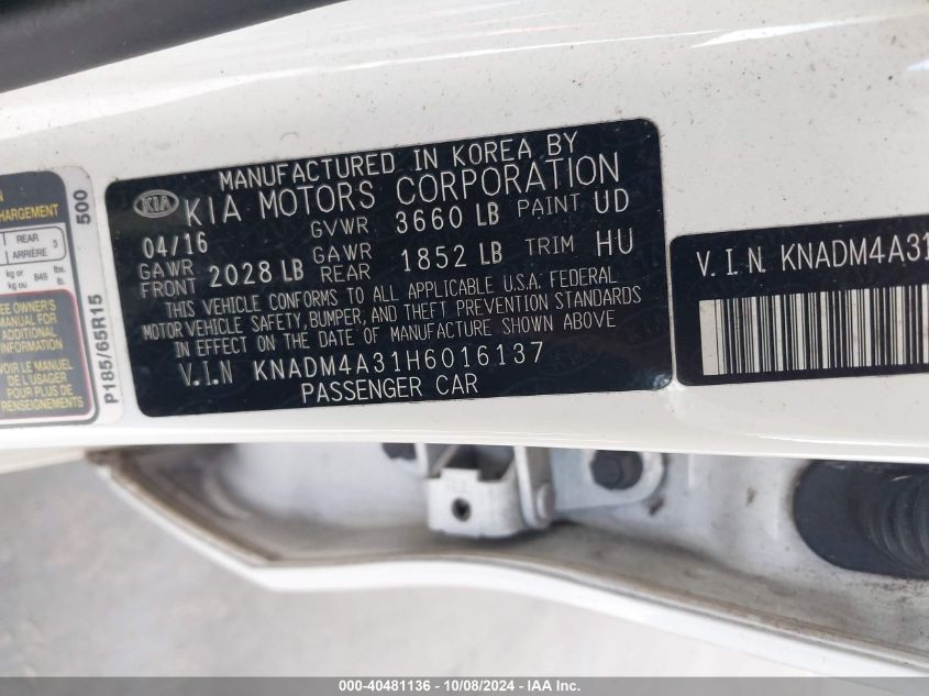 KNADM4A31H6016137 2017 Kia Rio Lx