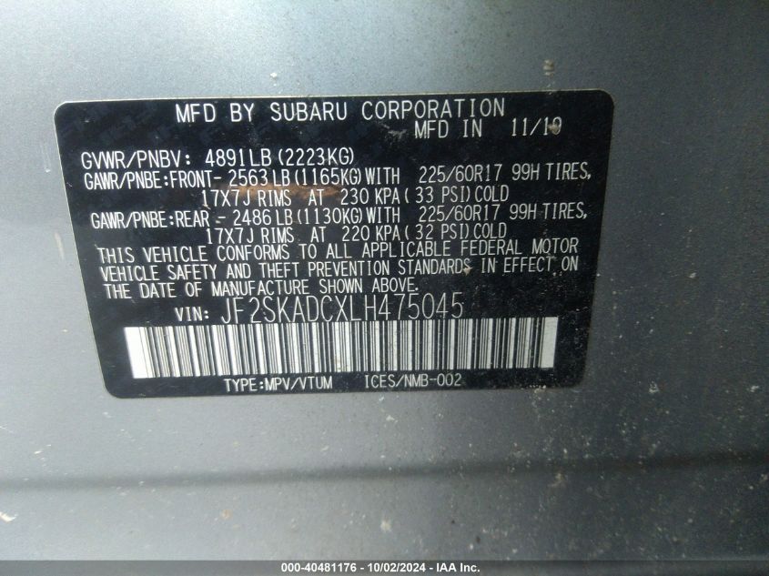 2020 Subaru Forester VIN: JF2SKADCXLH475045 Lot: 40481176