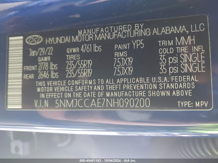 2022 Hyundai Tucson Sel VIN: 5NMJCCAE7NH090200 Lot: 40481183