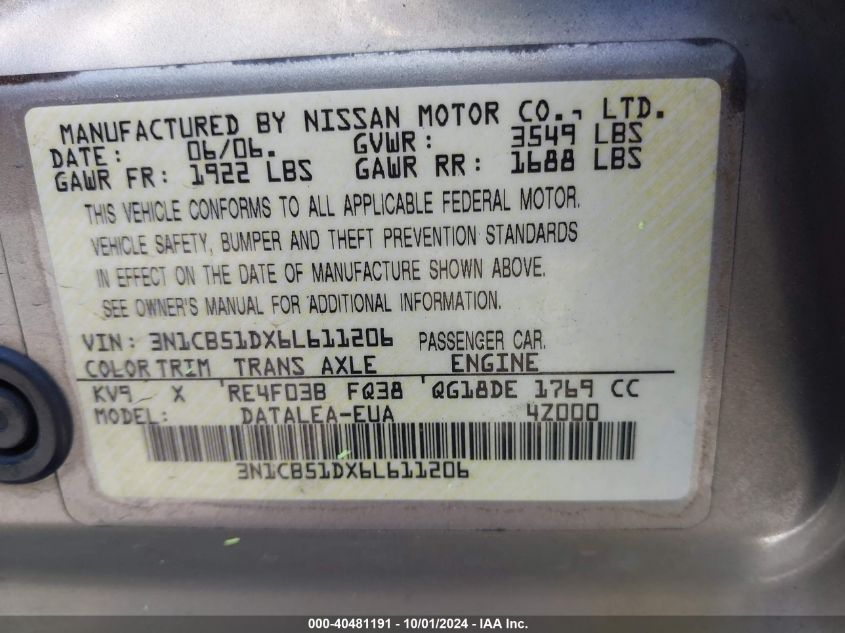 3N1CB51DX6L611206 2006 Nissan Sentra 1.8S