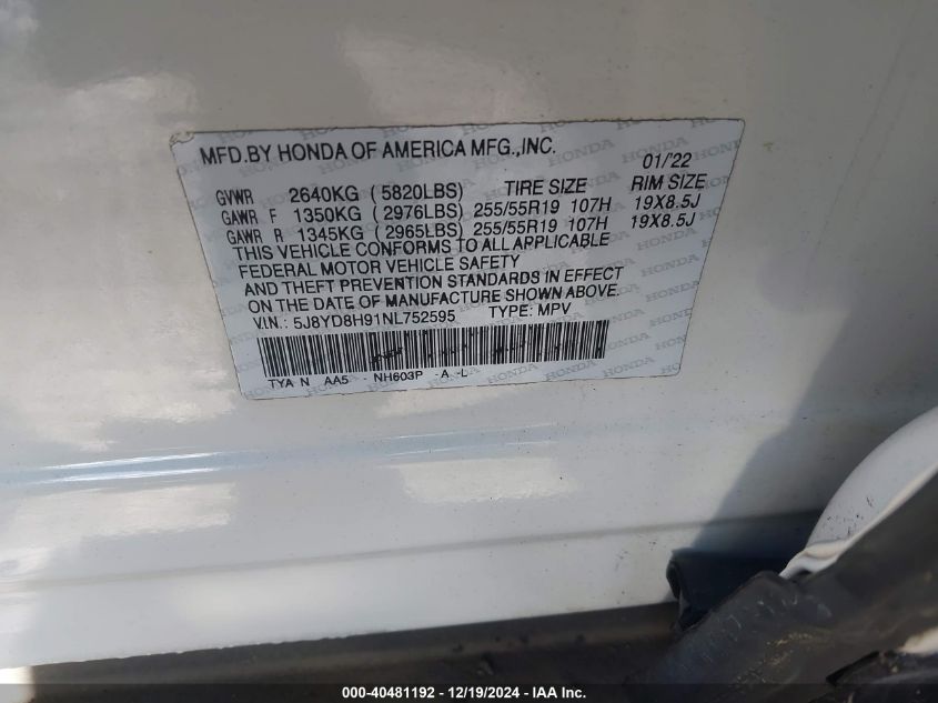 VIN 5J8YD8H80NL005402 2022 Acura MDX, Type S W/Adva... no.9