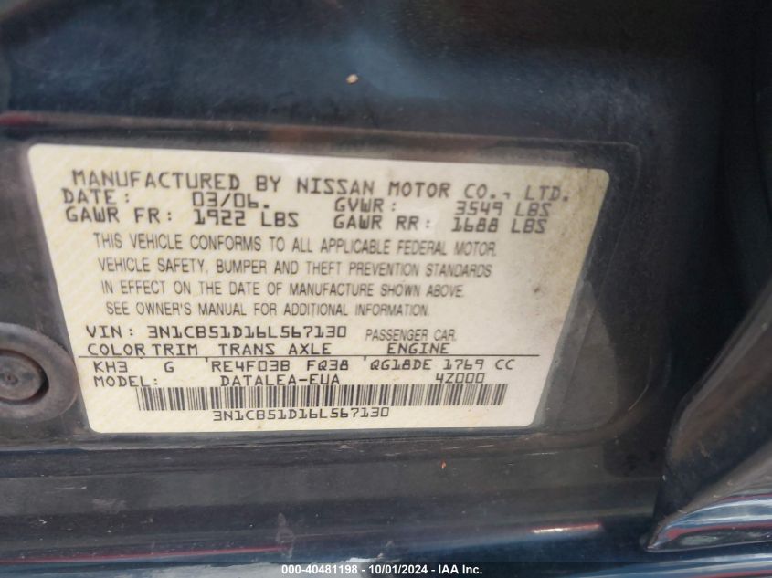 3N1CB51D16L567130 2006 Nissan Sentra 1.8S