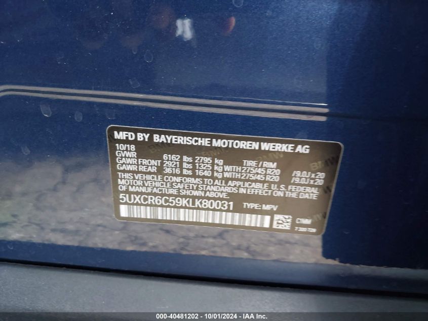 5UXCR6C59KLK80031 2019 BMW X5 xDrive40I