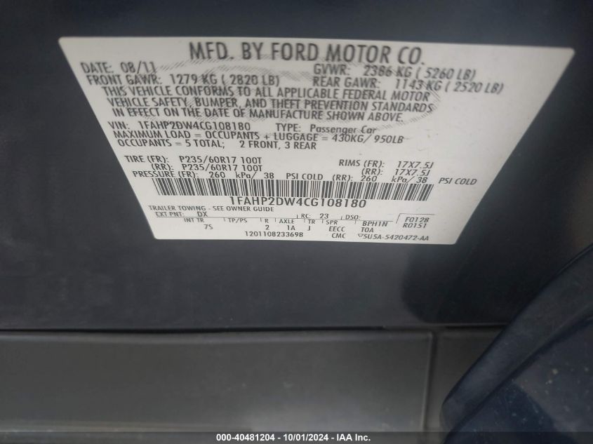 1FAHP2DW4CG108180 2012 Ford Taurus Se