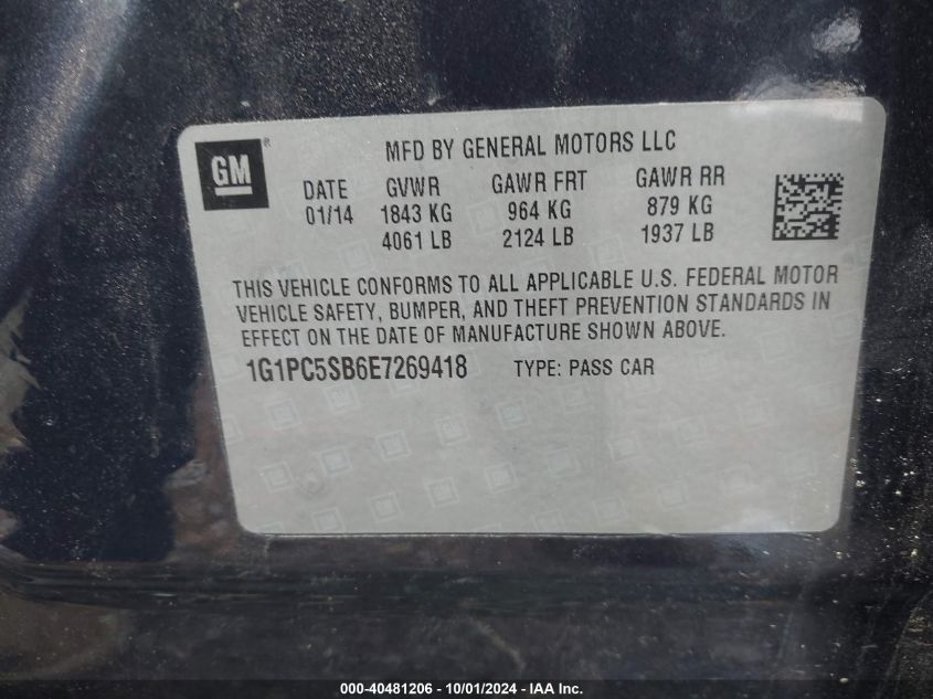 1G1PC5SB6E7269418 2014 Chevrolet Cruze 1Lt Auto