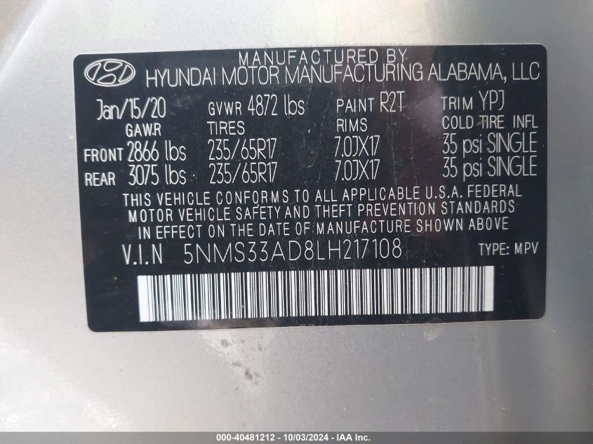 5NMS33AD8LH217108 2020 Hyundai Santa Fe Sel