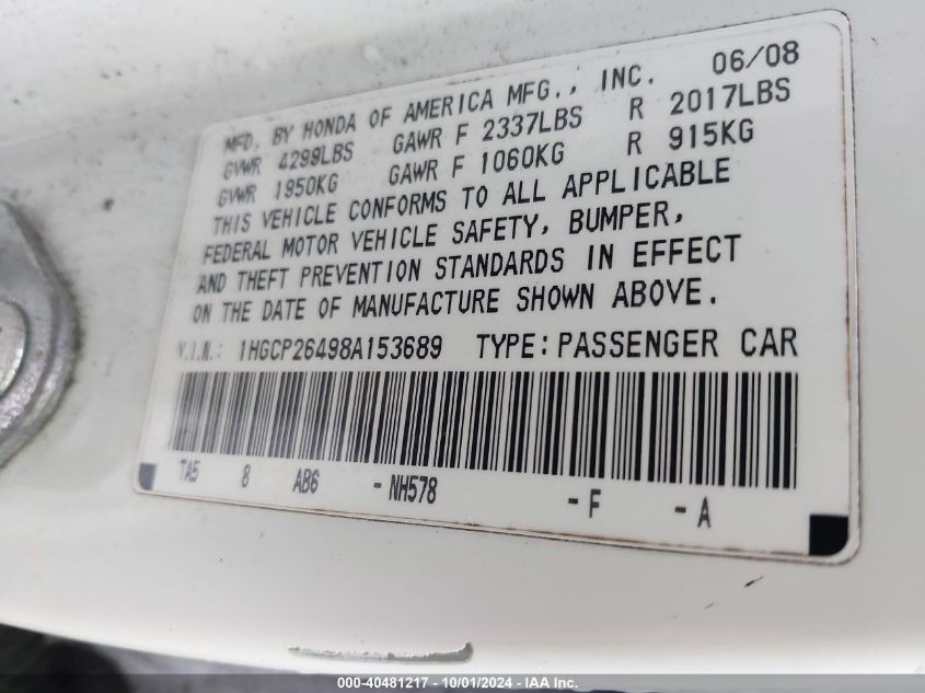 1HGCP26498A493689 2008 Honda Accord 2.4 Lx-P