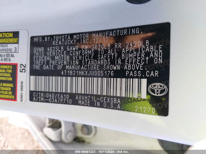 4T1B21HKXJU005176 2018 Toyota Camry Hybrid/Le/Xle/Se