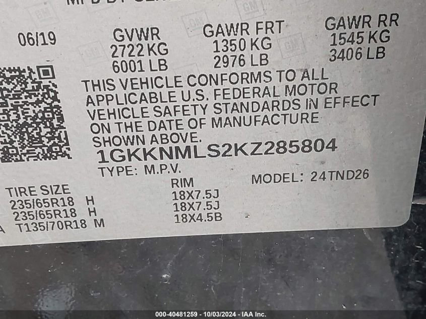 1GKKNMLS2KZ285804 2019 GMC Acadia Slt-1