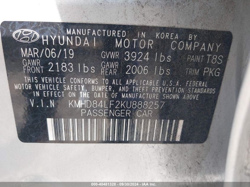 KMHD84LF2KU888257 2019 Hyundai Elantra Sel