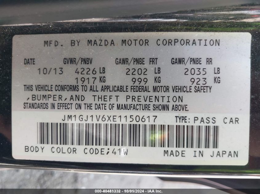 2014 Mazda Mazda6 VIN: JM1GJ1V6XE1150617 Lot: 40481332