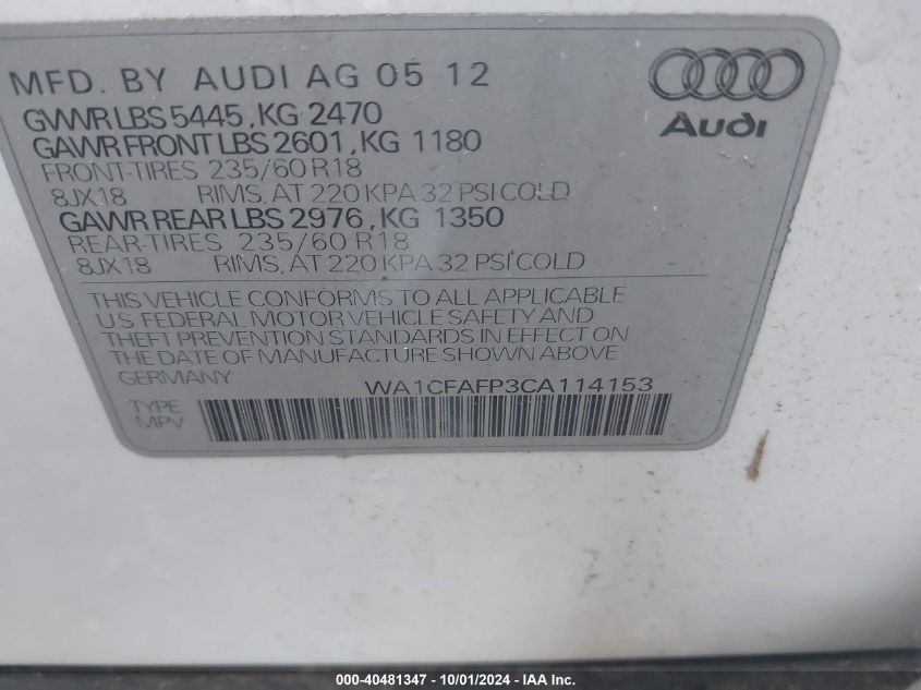 2012 Audi Q5 2.0T Premium VIN: WA1CFAFP3CA114153 Lot: 40481347