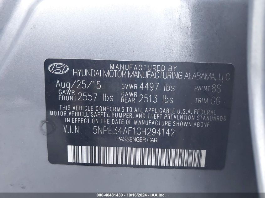 5NPE34AF1GH294142 2016 Hyundai Sonata Sport