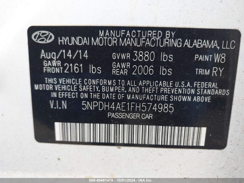 2015 Hyundai Elantra Se VIN: 5NPDH4AE1FH574985 Lot: 40481478